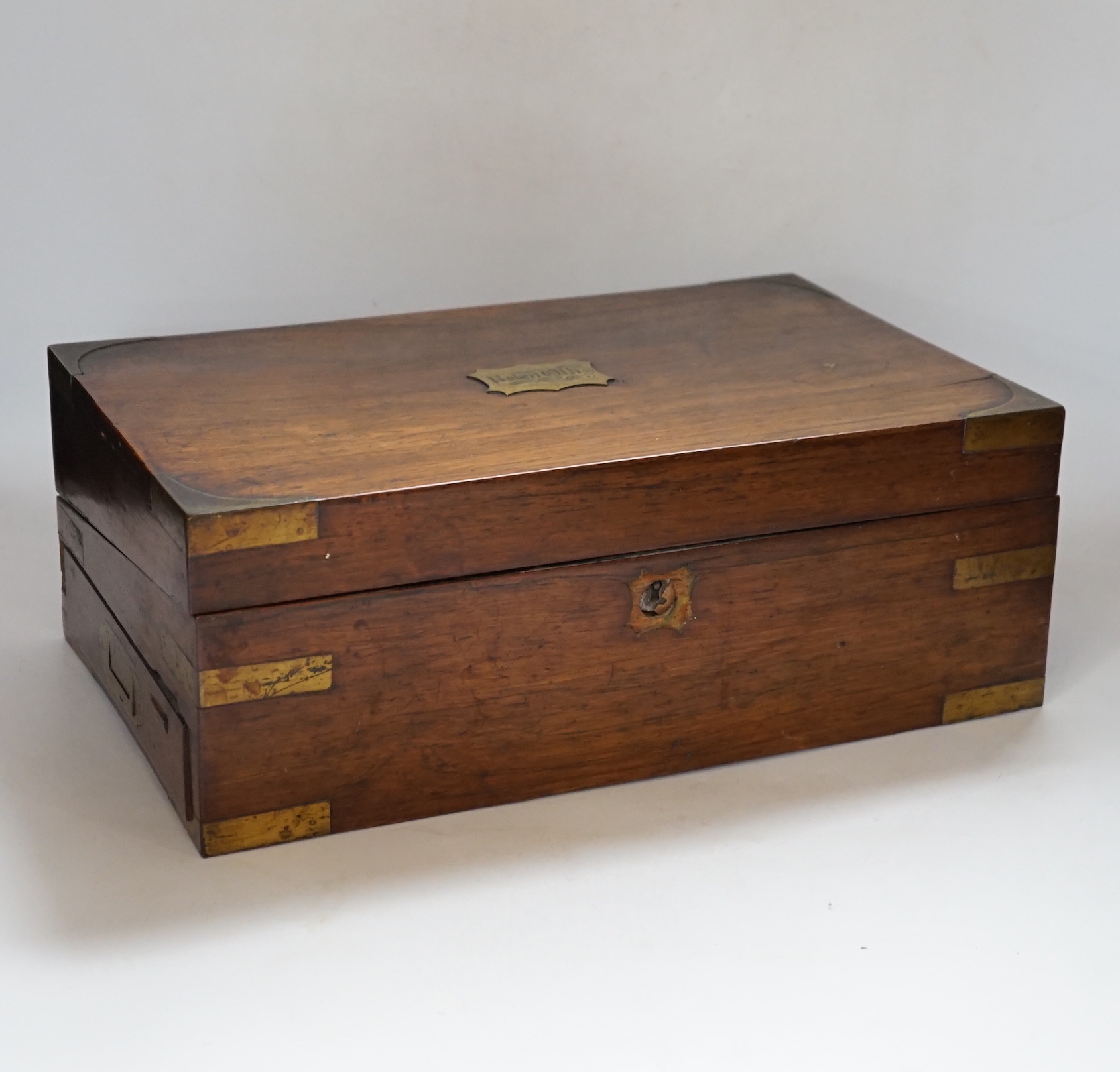 A Victorian rosewood brass bound writing slope, 40cm wide x 15cm high